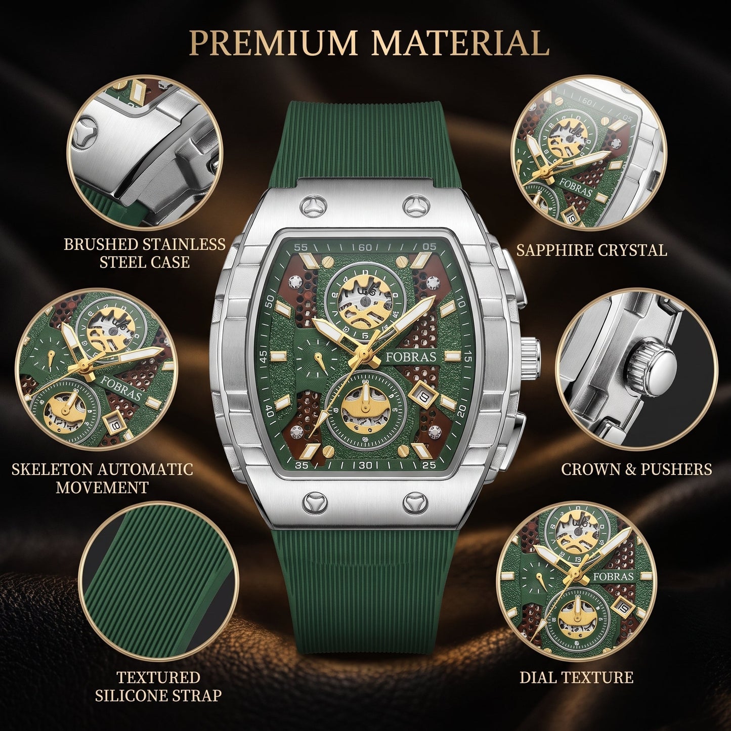 FOBRAS Luxury Black Automatic Skeleton Watch for Men