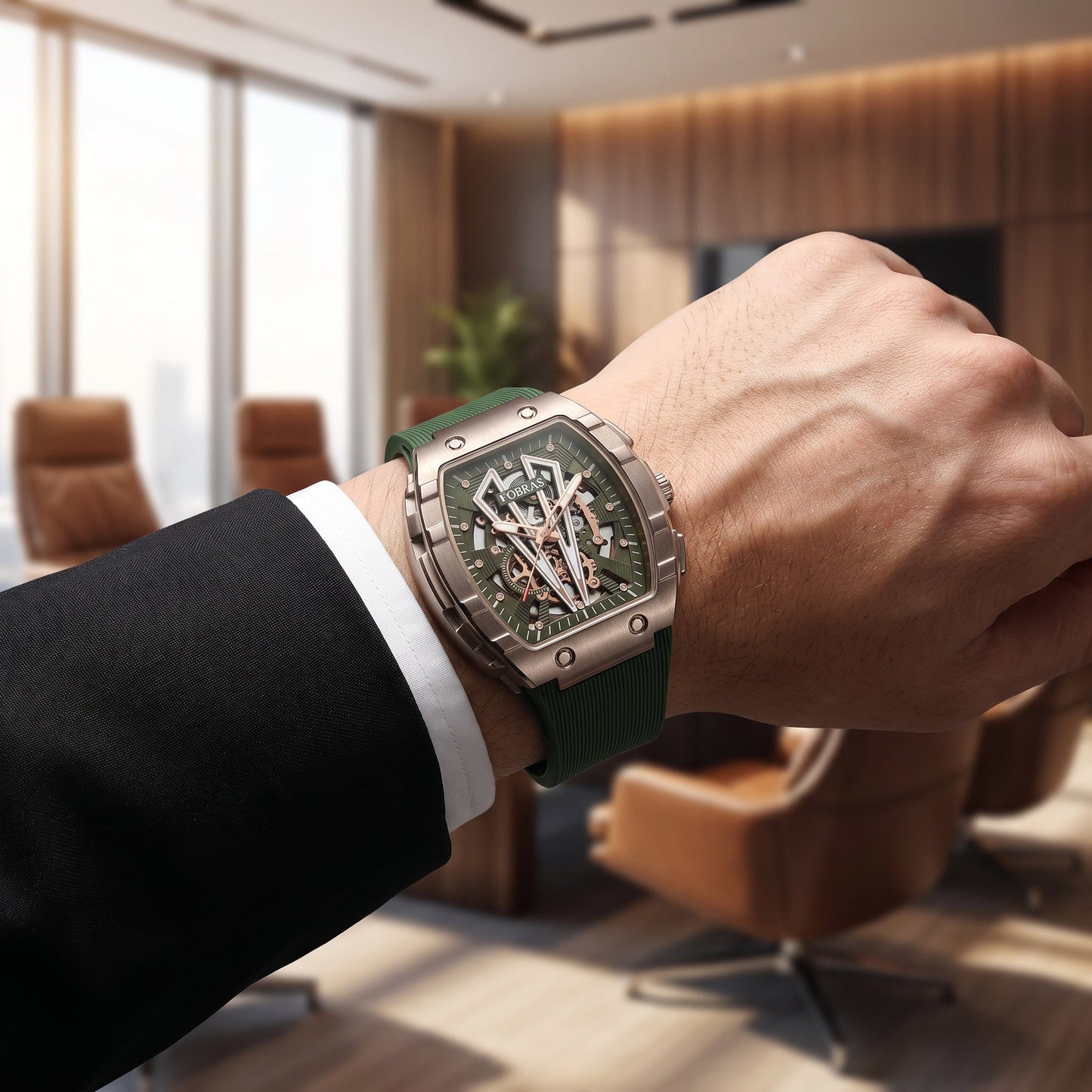 FOBRAS Luxury Gun Metal Grey Automatic Skeleton Watch for Men