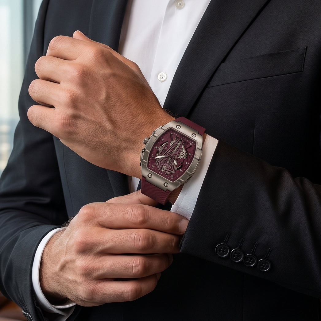 FOBRAS Luxury Gun Metal Grey Automatic Skeleton Watch for Men