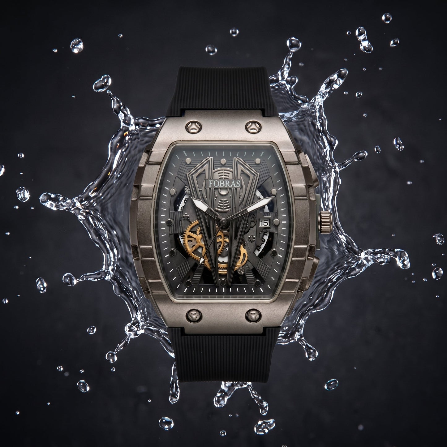 FOBRAS Luxury Gun Metal Grey Automatic Skeleton Watch for Men