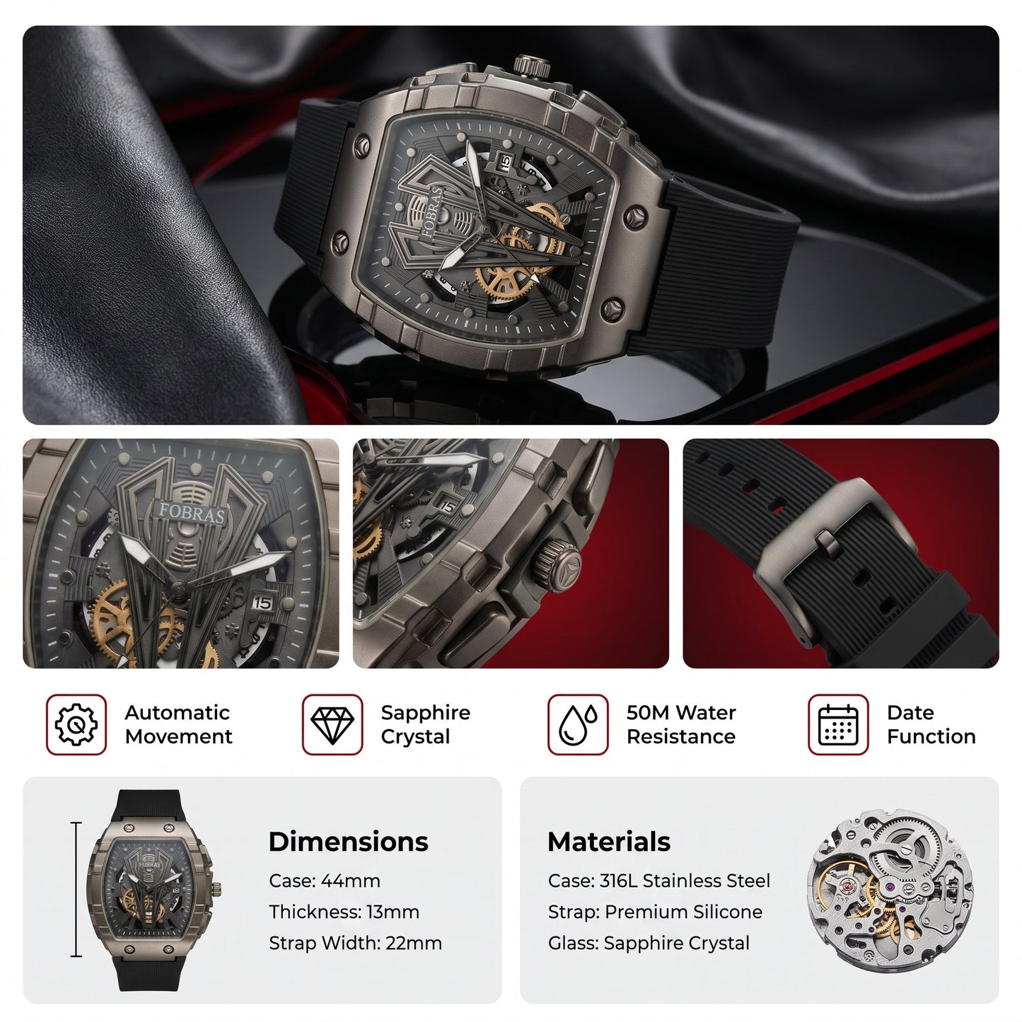 FOBRAS Luxury Gun Metal Grey Automatic Skeleton Watch for Men