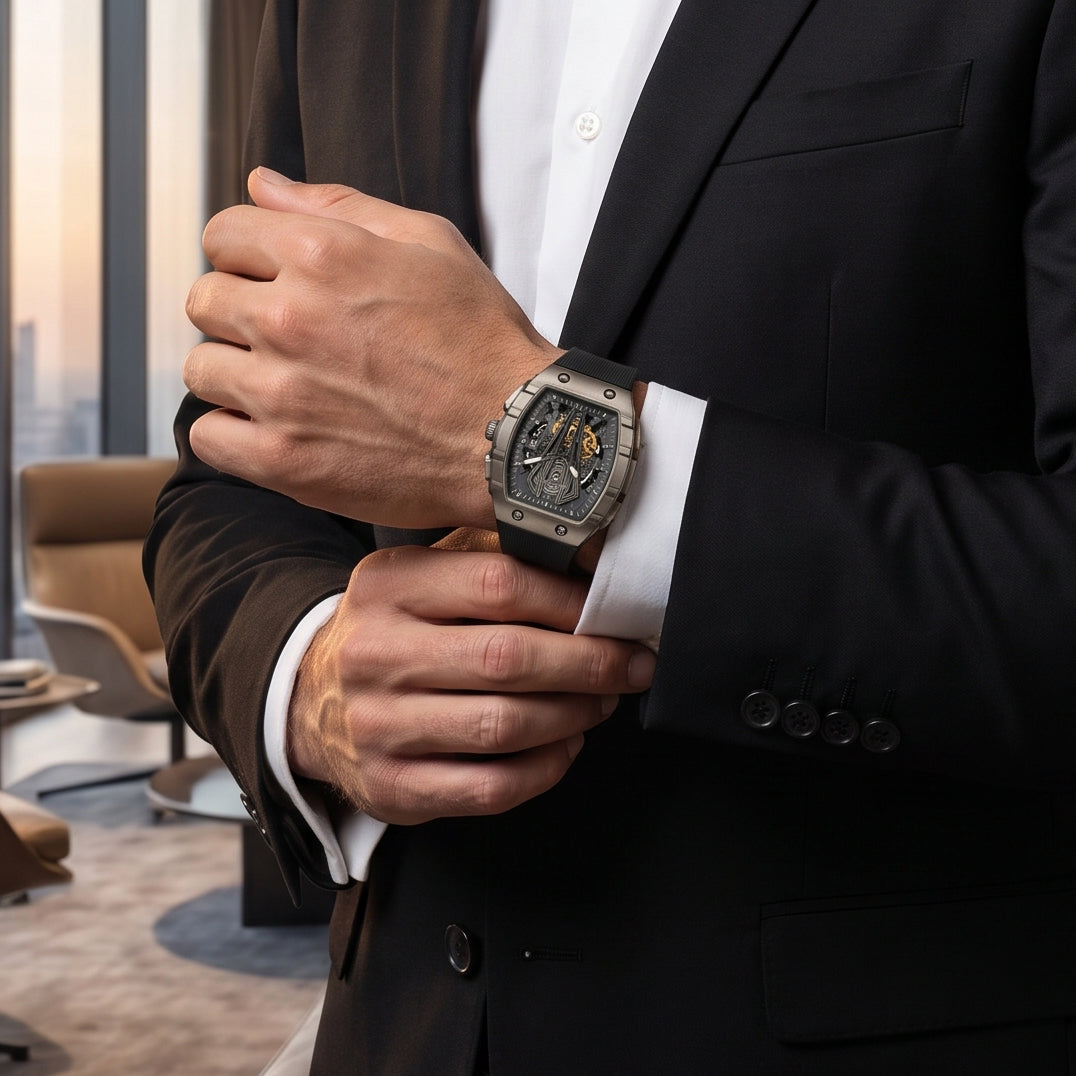 FOBRAS Luxury Gun Metal Grey Automatic Skeleton Watch for Men