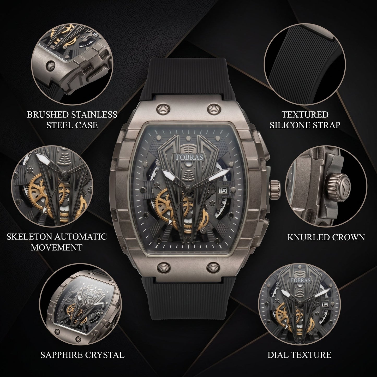 FOBRAS Luxury Gun Metal Grey Automatic Skeleton Watch for Men
