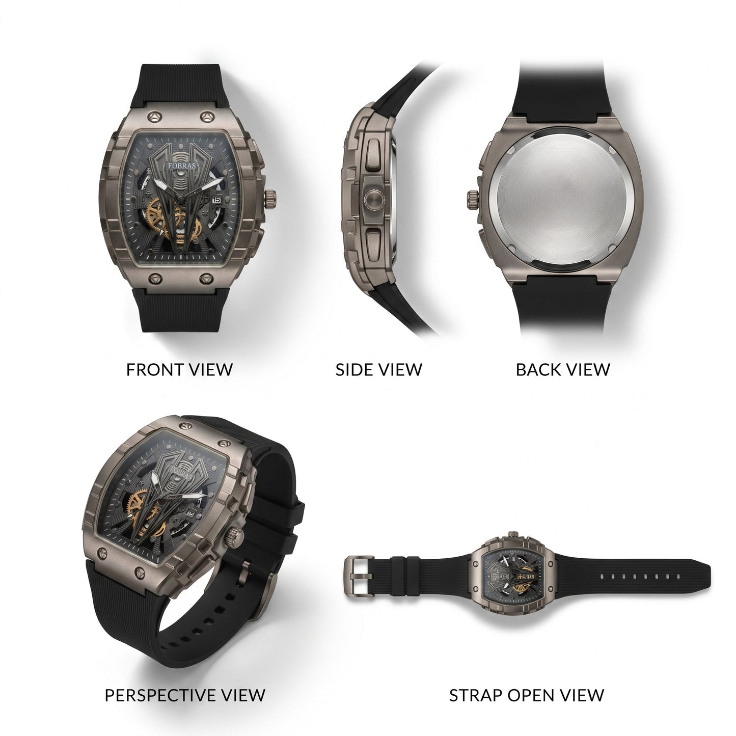 FOBRAS Luxury Gun Metal Grey Automatic Skeleton Watch for Men