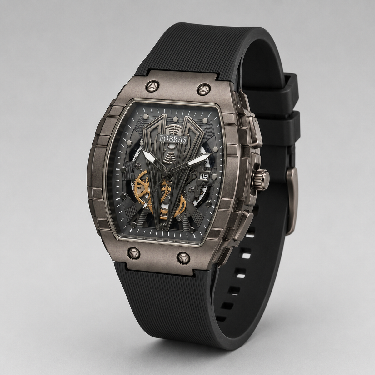 FOBRAS Luxury Gun Metal Grey Automatic Skeleton Watch for Men