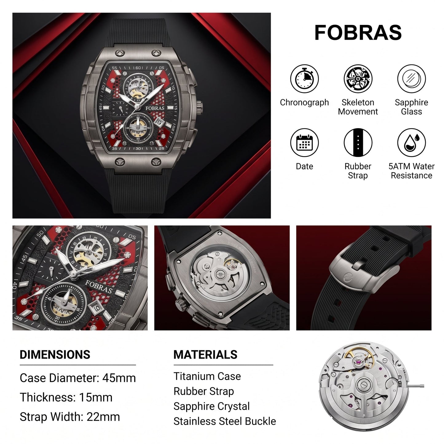 FOBRAS Luxury Black Automatic Skeleton Watch for Men
